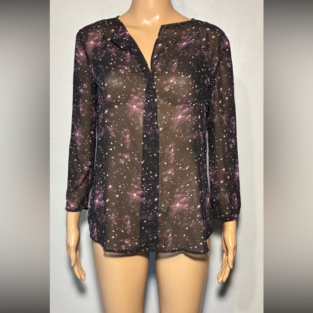 Philosophy Women's Blouse Size XS Galaxy Pattern Sheer Pullover 1/2 Opening